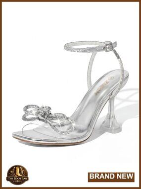 Women's Bow Rhinestone Heeled Sandals Clear Prom Crystal Shoes